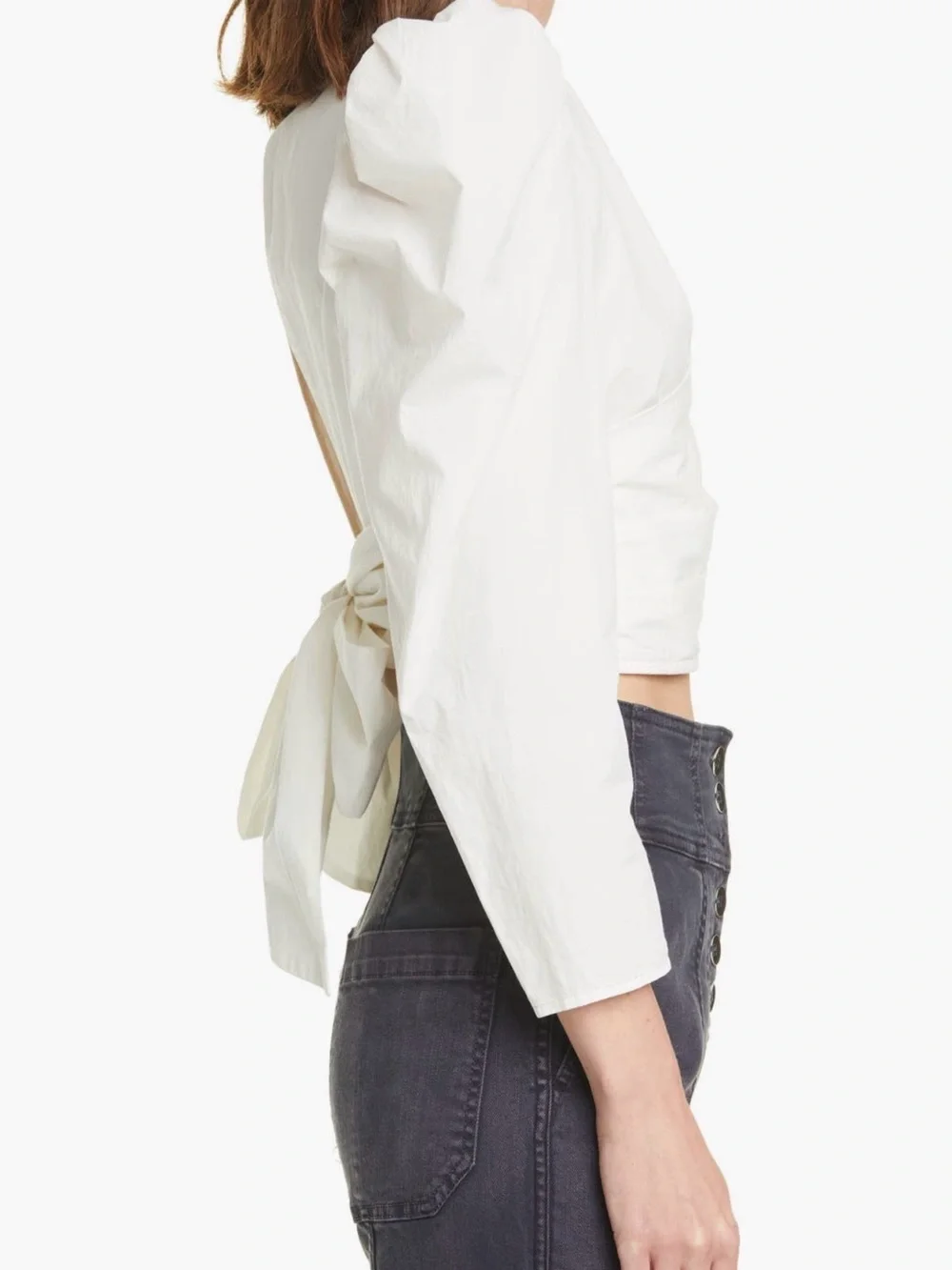 Ulla Johnson Eden Wrap Back Cutout Cream Puff Sleeve Ruched Cropped Top Size 0